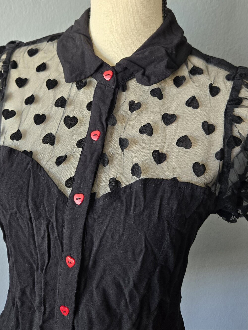 Black Flocked Heart Girls Woven Button-Up - Picture 4 of 7